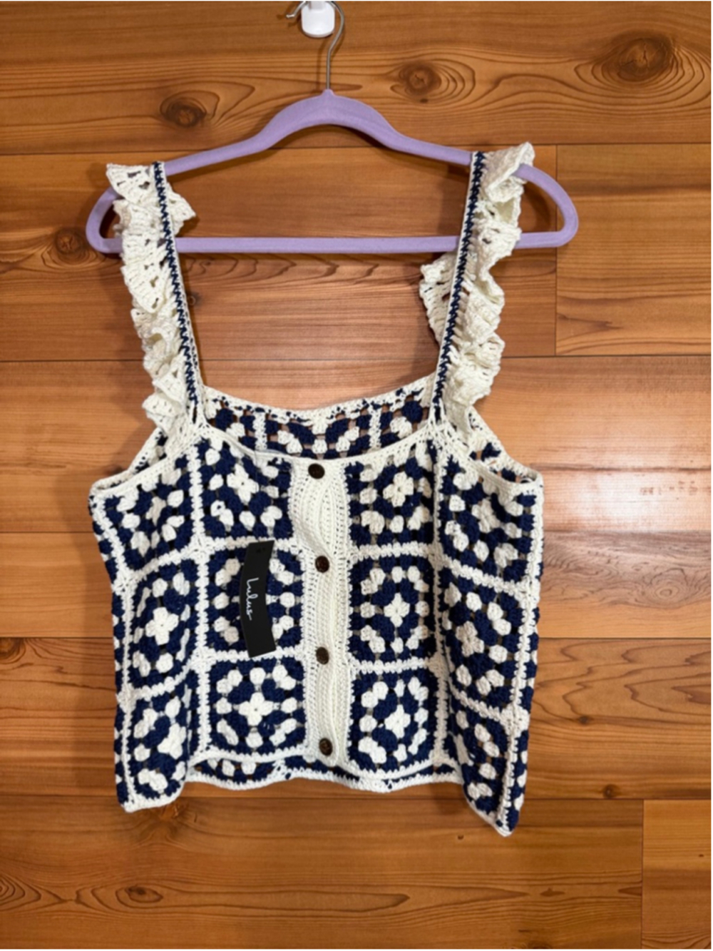 Lulus Oh-So Sunny Ivory and Blue Ruffled Crochet Sleeveless Top medium - Picture 3 of 9
